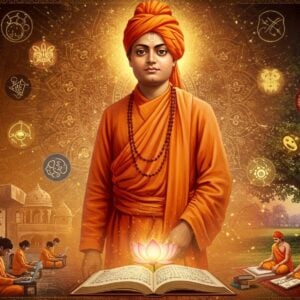 A majestic portrait of Swami Vivekananda in his iconic saffron robes and turban, radiating divine wisdom, standing tall in a modern classroom setting that seamlessly blends with a traditional Indian gurukul. Behind him, a large ethereal mandala glows in shades of deep saffron and gold. The scene is split vertically - one half showing modern students with laptops and books, the other half showing cross-legged students learning under a banyan tree. Floating sacred threads and geometric patterns connect both worlds. A golden lotus emerges from an open book in the foreground. Swami's expression is serene and powerful, with eyes that suggest deep knowledge. The lighting creates a spiritual atmosphere with soft golden rays filtering through. The art style combines hyperrealistic digital rendering with traditional Madhubani patterns in the borders and background. Multiple translucent layers of ancient Sanskrit texts and modern educational symbols float in the air. The color palette focuses on deep saffron, royal blue, burnished gold, and earthy browns. The composition should be intricate yet balanced, with a clear focal point on Swami Vivekananda's inspiring presence.