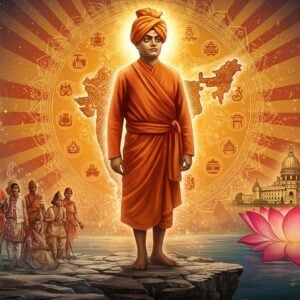 A majestic portrait of Swami Vivekananda in his iconic saffron robes and turban, standing tall on a rocky cliff edge at Chicago, his powerful silhouette merging with a rising sun shaped like India's geographical outline. The sun emanates rays in deep saffron and spiritual gold hues. Below him, a seamless transition shows modern Indian youth in contemporary clothes transforming into freedom fighters of the past through intricate Madhubani-style patterns. In one corner, the Parliament House of India emerges from a blooming lotus. The background features a mandala containing symbols of world religions. Ethereal light particles and sacred geometry patterns float around him. His expression is serene yet powerful, with eyes showing deep wisdom. The art style combines hyperrealistic digital painting with traditional Indian art motifs, featuring a color palette of deep saffron, royal blue, gold, and earthy browns. The scene includes subtle elements like the Vedas, a meditation pose silhouette, and the famous Chicago Art Institute building in spiritual golden light.