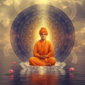 A serene portrayal of Swami Vivekananda in his iconic saffron robes and turban, seated in padmasana on a crystalline lotus platform floating above calm waters. His hands form the jnana mudra, with a subtle golden aura emanating from his form. Behind him rises a large, intricate mandala structure composed of sacred geometry patterns, Sanskrit symbols, and interweaving paths of light representing the journey to self-realization. The mandala transitions from deep indigo at its edges to brilliant gold at its center. Ethereal floating lights and translucent wisdom scrolls surround him. The scene is rendered in a fusion of traditional Madhubani art style with modern digital aesthetics, featuring rich jewel tones of saffron, deep blue, and gold. Swami Vivekananda's face shows his characteristic serene expression and penetrating gaze, with hyper-realistic detail. The water below reflects the entire scene, creating perfect symmetry, while subtle rays of divine light pierce through mystic clouds above. Small floating lotuses and gentle ripples in the water add movement to the composition. The lighting is warm and spiritual, with an emphasis on the golden glow around Swamiji.