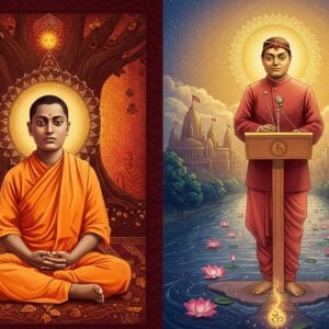 A majestic split-screen composition: on the left, young Vivekananda in traditional orange monastic robes meditating under a sacred Bodhi tree in Calcutta, surrounded by intricate Madhubani-style patterns in deep maroon and gold. On the right, a confident Vivekananda standing tall at the World Parliament of Religions podium in Chicago, his aura radiating in peacock blue and saffron hues. The scenes are connected by a flowing river of spiritual energy with floating lotus flowers and glowing mandalas. The background features a blend of Indian and Western architectural elements - Dakshineswar temple spires merging with Chicago's historic buildings in surreal, ethereal style. Vivekananda's face shows serene determination, with photorealistic details in both scenes. Soft golden light illuminates the entire composition, with subtle Sanskrit symbols and vedantic motifs woven throughout. The art style combines hyperrealistic portrait work with traditional Indian art elements, creating a modern digital aesthetic. The color palette focuses on deep oranges, rich maroons, peaceful blues, and spiritual gold tones. Small glowing orbs of light float through the scene, representing the spread of spiritual wisdom.