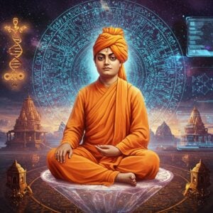 A majestic digital portrait of Swami Vivekananda in his iconic saffron robes, seated in padmasana on a crystalline lotus platform floating in a cosmic space. His form is semi-transparent and radiates a golden aura. Behind him, a massive holographic mandala displays intricate circuits, quantum symbols, and traditional Vedic geometric patterns that seamlessly blend together. On his left side, traditional Indian spiritual symbols like Om and Sri Yantra float in 3D, emitting a warm saffron glow. On his right side, futuristic holographic displays show DNA helixes, atomic structures, and advanced technological interfaces in cool blue tones. The background features a surreal landscape where ancient Indian temples morph into modern skyscrapers. Swami Vivekananda's expression is serene yet powerful, with his eyes showing deep wisdom. The entire scene is illuminated by a combination of ethereal spiritual light and modern technological gleams, creating a harmonious blend of tradition and futurism. Art style combines hyperrealistic digital art with traditional Madhubani patterns in the details, using a color palette of deep saffron, electric blue, gold, and subtle purples.
