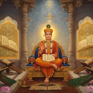 A serene indoor temple library setting with golden-hued light streaming through ornate jharokha windows, illuminating ancient manuscripts and scriptures arranged on traditional carved wooden stands. In the center, Lord Swaminarayan sits in padmasana on an elevated golden throne, wearing saffron robes with intricate gold embroidery, his right hand in chin mudra and left hand holding the Shikshapatri text. Around him, floating ethereally, are the Vachanamrut scriptures with their pages gently turning, emanating a subtle divine glow. The scene features detailed Gujarati architectural elements with modern minimalist touches. Scattered lotus flowers and peacock feathers frame the composition. The background shows a massive mandala pattern in soft blues and golds, with symbols of the Swaminarayan sampradaya delicately woven into its design. The lighting creates a mystical atmosphere with rays of light creating halos around the sacred texts. Art style combines traditional Indian miniature painting techniques with contemporary digital art, emphasizing photorealistic textures and magical realism. The color palette focuses on deep maroons, saffron, gold, and peacock blue with gentle gradient transitions.