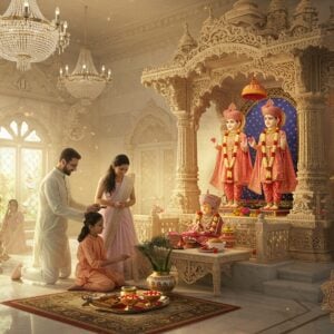 A serene temple interior bathed in golden morning light, where a devoted young Indian family performs traditional Swaminarayan worship rituals before an ornate marble shrine. The shrine features the murtis of Bhagwan Swaminarayan (in golden attire) flanked by Gunatitanand Swami and Gopalanand Swami. Crystal chandeliers cast intricate light patterns on the pristine white marble floor. The family wears contemporary yet traditional attire - the father in crisp white kurta, mother in pastel silk saree, and children in modern Indian wear. Sacred items for worship - thaal with fresh flowers, glowing divo, water pot with peacock motif, and sandalwood paste arranged on an intricately carved wooden table. Floating translucent mandalas and subtle sacred geometry patterns in saffron and gold add a mystical dimension. The atmosphere combines traditional architecture with modern minimalist design elements, featuring clean lines and subtle tech integration through hidden smart lighting. Soft focus background shows other devotees performing pradakshina. Style merges hyperrealistic digital art with traditional Indian Miniature painting techniques, emphasizing both devotional mood and contemporary relevance. Lighting is warm and ethereal with god rays streaming through ornate windows.