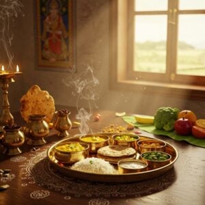 A serene kitchen scene with warm golden light streaming through ornate Indian windows, showing a traditional brass thali placed on a polished wooden table adorned with intricate mandala patterns. The thali contains perfectly arranged pure vegetarian dishes - pearl white rice, golden yellow dal, vibrant green shaak, copper-colored rotis, and small brass bowls of fresh yogurt and buttermilk. Surrounding the thali are traditional Indian spices in antique brass containers, fresh organic vegetables, and fruits arranged in a geometric Rangoli pattern. A subtle smoke of ghee lamp creates an ethereal atmosphere. In the background, a wall features delicate Madhubani-style paintings depicting Lord Swaminarayan and traditional Gujarat kitchen scenes. The color palette focuses on earthy tones, saffron, and gold with pops of natural vegetable colors. The scene is styled with modern minimalist sensibilities while maintaining traditional elements like brass utensils and banana leaves. Soft focus on the edges creates a dreamy, inviting atmosphere. The lighting emphasizes the steam rising from the hot dishes, creating a photorealistic yet spiritual ambiance.