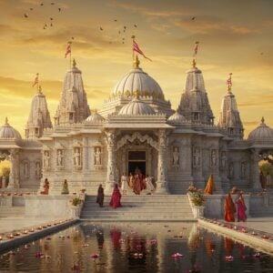 A magnificent Swaminarayan temple rising majestically against a golden sunset sky, featuring ornate white marble architecture with intricate carvings and detailed relief work. The temple's multiple shikhars (spires) are adorned with gold-plated kalashes, creating a dramatic silhouette. The central dome features elaborate peacock motifs and traditional Hindu geometric patterns in pink sandstone. In the foreground, a serene reflection pool mirrors the temple, with floating lotus flowers and rose petals. The scene is enhanced by soft, glowing diyas surrounding the temple steps. Intricate marble elephants guard the entrance, while detailed carvings of dancers, musicians, and deities adorn the pillars. The atmosphere is ethereal with gentle rays of sunlight filtering through ornamental jharokhas (windows), casting intricate shadows on the marble floor. The style combines hyperrealistic architectural details with magical lighting effects, creating a dreamlike quality. Small groups of devotees in traditional Indian attire are seen performing pradakshina (circumambulation). The scene incorporates elements of both Gujarati and Rajasthani architectural styles with modern digital art aesthetics.
