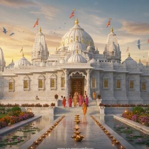 A majestic Swaminarayan temple complex at golden hour, featuring ornate white marble architecture with intricate Indian carvings and golden spires reaching skyward. The main entrance has elaborate wooden doors with traditional Gujarat-style carvings. In the foreground, a welcoming scene shows devotees in traditional Indian attire (men in white kurtas and women in colorful sarees) ascending the marble steps. Crystal-clear reflective pools on either side of the walkway feature floating lotus flowers and small oil lamps. Soft, ethereal light streams through the temple windows, creating a divine atmosphere. The temple dome is adorned with intricate geometric patterns and traditional Hindu motifs in gold leaf. Small details include peaceful doves flying near the spires, marigold garlands decorating the entrance, and subtle incense smoke creating a mystical atmosphere. The scene combines photorealistic architectural details with Madhubani-style decorative elements in the sky and surrounding gardens. The color palette focuses on whites, golds, saffron, and peaceful blues, with accent colors from flowers and traditional clothing. Hyperrealistic digital art style with atmospheric lighting and depth of field effects.