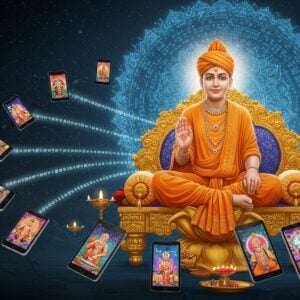 A serene, luminous portrait of Lord Swaminarayan in his traditional form - seated in padmasana on a golden lotus throne, wearing saffron robes with intricate geometric patterns, holding akshar mala in right hand and showing abhay mudra with left hand. His divine face radiates peaceful smile and divine glow. Around him, floating in a spiral pattern are modern digital devices - smartphones, tablets, and smartwatches, each displaying devotional apps and wallpapers in vibrant colors. The background features a large, translucent mandala made of binary code in soft blue light. Sacred symbols like tilak-chandlo float as holographic projections. Ethereal light rays in saffron and gold emerge from his form, connecting to the digital devices. The scene is set in a contemporary space with floating geometric patterns and Sanskrit verses transforming into digital code. Art style combines hyperrealistic digital rendering with traditional Indian artistic elements, featuring a modern color palette of deep blues, metallic gold, and saffron. The overall composition suggests harmony between ancient spirituality and modern technology.
