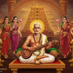 A regal portrait of Syama Sastri in traditional South Indian attire with vibrant gold-bordered white dhoti and angavastram, seated cross-legged on an ornate wooden platform with brass inlays. His hands are positioned elegantly on a tambura. Behind him, a large intricate mandala in deep maroon and gold features musical notations of his famous composition "Devi Brova Samayam". The background shows the Kamakshi Amman Temple of Kanchipuram with its towering gopuram rendered in a ethereal, mystical style with soft golden light emanating from within. Floating around him are three translucent feminine forms representing his trinity of compositions for Devi - Kamakshi, Meenakshi, and Bankthambal, each adorned in traditional temple jewelry and silk sarees in peacock blue, deep red, and emerald green. The scene is decorated with swirling veenas, floating lotus flowers, and tamburas creating a circular frame. The lighting is warm and divine, with subtle rays of light emerging from behind the temple. The art style combines classical Indian miniature painting techniques with modern digital art aesthetics, using a color palette of gold, saffron, maroon, and temple blues.