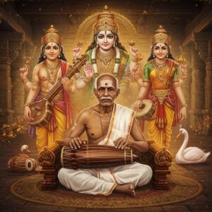 A majestic portrait of an elderly South Indian composer Syama Sastri in traditional white dhoti and angavastram, seated cross-legged on an ornate wooden platform, playing the tambura. His face bears wisdom with detailed wrinkles and a traditional namam on his forehead. Behind him, two ethereal figures of Muthuswami Dikshitar and Tyagaraja emerge in semi-transparent forms, creating the divine trinity. The scene is set in a classical South Indian temple courtyard with intricately carved pillars. Floating musical notes in Sanskrit transform into golden peacocks and swans. A large, glowing Devi Kamakshi form appears in the background, rendered in traditional Tanjore painting style with gold leaf effect. The lighting is mystical with warm golden hues and soft blue undertones. Several tamburas, veenas, and mridangams arranged in a circular mandala pattern float around them. The entire scene is framed with traditional Carnatic ragas visualized as flowing colorful waves in deep maroon, saffron, and peacock blue. Hyper-detailed digital art with Madhubani-inspired patterns in the borders, cinematic lighting, ethereal atmosphere, 8k resolution.