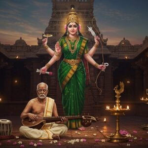A serene Indian classical music concert setting in a traditional temple courtyard at dusk, featuring an elderly South Indian musician in cream-colored dhoti and angavastram, playing the veena with closed eyes in deep meditation. Behind him, an ethereal, translucent manifestation of Goddess Kamakshi in rich emerald green silk saree appears, with four arms holding a sugarcane bow, flowers, noose, and goad, adorned with traditional Temple jewelry. The scene is illuminated by warm golden oil lamps and floating diyas, creating a spiritual ambiance. Intricate Madhubani-style patterns in gold and peacock blue frame the composition. The foreground features scattered jasmine flowers and a traditional brass kuthuvilakku lamp. The background showcases detailed South Indian temple architecture with ornate pillars and gopurams in muted tones. Soft rays of divine light emanate from the Goddess, creating a mystical atmosphere. The art style combines hyperrealistic details with ethereal, spiritual elements, rendered in a modern digital aesthetic with deep maroons, golds, and subtle pastel highlights.