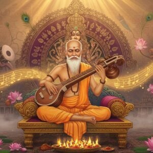 A majestic scene depicting an elderly Indian sage Syama Sastri in traditional white dhoti and angavastram, seated cross-legged on an ornate golden throne-like platform, illuminated by divine light. His hands gracefully positioned playing the veena, surrounded by ethereal musical notes manifesting as glowing golden patterns in Madhubani style. Behind him, a large intricate mandala in deep maroon and peacock blue represents the Devi temples of Thanjavur. Floating musical instruments - tambura, mridangam, and violin rendered in traditional Pattachitra style create a circular formation. The background features subtle imagery of Devi Kamakshi in soft golden hues. The scene is enhanced with floating lotus flowers, peacock feathers, and temple spires in pastel pink and saffron. A soft mystical fog creates depth while jewel-toned patterns inspired by Carnatic music notation flow through the composition. The lighting is warm and spiritual, with rays of light emerging from behind Syama Sastri's form. The art style seamlessly blends classical Indian art with modern digital techniques, creating a surreal yet culturally authentic atmosphere.