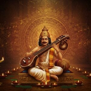 A regal Indian classical musician in traditional 1800s attire seated cross-legged on an ornate golden platform, playing a veena with divine concentration. Behind him, a large, ethereal mandala emerges, incorporating intricate Carnatic music notations and geometric patterns in deep maroon and gold. The scene is illuminated by soft, glowing diyas arranged in a circular pattern. Floating musical notes transform into peacocks and lotus flowers, creating a mystical atmosphere. The background features subtle representations of Goddess Meenakshi (his patron deity) in soft pastel blues and greens. Traditional Thanjavur temple architecture elements frame the composition. The lighting is warm and dramatic, with golden rays filtering through the scene. The art style combines Thanjavur painting techniques with modern digital art, featuring rich textures, metallic accents, and a dreamy, spiritual quality. The musician's expressions show deep devotion and musical mastery, with eyes closed in meditation. The color palette includes deep maroons, antique golds, peacock blues, and subtle earth tones.