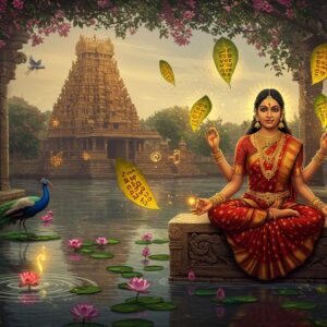 A serene riverside scene in ancient Tamil Nadu, with a mystical female Tamil poet seated cross-legged on a carved stone platform, wearing a traditional red and gold silk saree. Her hands are gracefully positioned in mudras, surrounded by floating palm leaves with ancient Tamil scripts emanating golden light. The background features a massive ancient temple structure with intricate Dravidian architecture, partially visible through a canopy of flowering trees. The scene is illuminated by warm, ethereal light, with peacocks and sacred ibis birds perched nearby. Blooming lotus flowers float in the water, creating ripples that transform into musical notes. The art style combines Tanjore painting elements with modern digital art, featuring rich golds, deep burgundies, and peaceful blues. Swirling mandalas and Tamil motifs float in the air, while sacred herbs like tulsi and neem frame the composition. The overall atmosphere is dreamlike and spiritual, with subtle light rays filtering through temple pillars, creating a mystical ambiance.