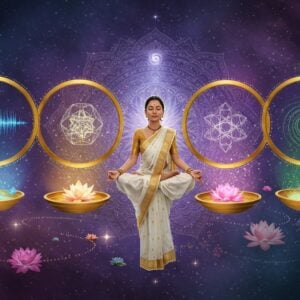 A serene ethereal scene showing five interconnected golden rings floating in a cosmic space, each ring emanating a distinct essence: first ring radiates sound waves in peacock blue; second ring shows rippling air currents in soft silver; third ring emanates crystalline geometric forms in deep saffron; fourth ring flows with nectar-like droplets in royal purple; fifth ring releases intricate spiral patterns of fragrance in emerald green. A beautiful Indian woman in meditation pose, wearing a white silk saree with gold border, floats centrally, her eyes closed in deep contemplation. Behind her, a large intricate Madhubani-style mandala glows with subtle energy. The background features a gradient from deep indigo to cosmic purple, with delicate sacred geometry patterns. Floating lotus flowers, celestial lights, and subtle energy threads connect all elements. The scene is rendered in a modern digital art style while maintaining traditional Indian artistic elements, with soft illumination and particle effects creating a mystical atmosphere. The color palette focuses on gold, deep blues, and ethereal pastels.