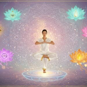 An ethereal Indian woman in a flowing white yoga attire performing a graceful asana on a translucent lotus platform, surrounded by five distinct ethereal manifestations representing the Tanmatras: a golden eye symbolizing sight, a crystalline bell for sound, wisps of sacred sandalwood smoke for smell, a drop of honey catching light for taste, and delicate silk ribbons for touch. The background features a large, intricate mandala in soft pastel colors (lavender, rose gold, and mint), with sacred geometry patterns. Multiple smaller lotuses float around her, each emitting a different colored light corresponding to each sense. Soft orbs of light scatter throughout the scene. The lighting is dreamy and diffused, creating an otherworldly atmosphere. The art style combines traditional Madhubani patterns in the mandala with modern digital art techniques. The woman's serene expression and closed eyes suggest deep meditation, with a subtle golden aura surrounding her form. Ornate Indian patterns and motifs adorn the edges of the scene in metallic gold details.