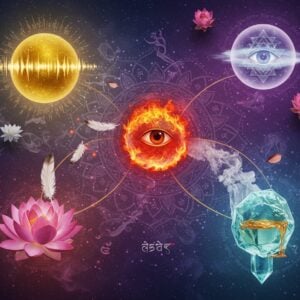 A mystical cosmic scene showing five ethereal, interconnected spheres floating in a mandala-patterned space, each representing a tanmatra: a golden sphere emanating sound waves, a white sphere with floating feathers representing touch, a fiery red sphere with light rays for vision, a blue-green sphere with vapor trails for smell, and a crystalline sphere with flowing honey for taste. Indian sacred geometry patterns and yantra designs weave between the spheres. The background features a gradient from deep indigo to cosmic purple, with subtle Madhubani-style motifs. Delicate golden threads of consciousness connect all elements, while lotus flowers in various stages of bloom float around. Soft, glowing orbs of light create depth, while scattered sanskrit symbols fade into the background. The scene is rendered in a modern digital art style while maintaining traditional Indian artistic elements, with a dreamy, ethereal quality and rich, deep colors. The composition includes subtle smoke effects and particle systems that give a sense of movement and energy flow.