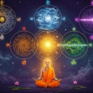 A mystical cosmic scene with five concentric mandalas floating in ethereal space, each representing a Tanmatra with distinct visual elements - innermost mandala radiates golden light (Tejas/Light), second mandala shows flowing water patterns in deep blue (Jala/Water), third mandala contains swirling air currents in silver-white (Vayu/Air), fourth mandala displays earth patterns in rich brown and green (Prithvi/Earth), and outermost mandala shows rippling sound waves in violet (Shabda/Sound). The mandalas are interconnected by threads of golden light, floating against a deep indigo background with subtle Sanskrit symbols. Soft particle effects and sacred geometry patterns float throughout. In the foreground, a serene Indian yogi in lotus position, dressed in saffron robes, meditates with a subtle aura matching the five elemental colors. The scene is rendered in a fusion of traditional Madhubani patterns and modern digital art style, with rich jewel tones and metallic accents. Floating lotus flowers and subtle smoke elements add depth and mysticism to the composition.