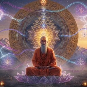 An ethereal scene depicting the sage Abhinavagupta in deep meditation, wearing traditional Kashmir Shaivite robes in deep maroon and saffron, seated in padmasana on a crystal lotus platform. His face is serene with a tilak of vibhuti, emanating a subtle golden aura. Behind him rises a massive, intricate Sri Yantra in shimmering gold and deep blue, with swirling cosmic energies and Sanskrit syllables dissolving into light. Multiple translucent layers of reality unfold around him, showing the 36 tattvas of Kashmir Shaivism as interconnected geometric patterns. Floating mandalas and sacred symbols of Trika philosophy surround the scene. The background features the snow-capped peaks of ancient Kashmir, with the rising sun casting a mystical glow. Swirling bands of consciousness represented by flowing ribbons of light in shades of deep purple, electric blue, and golden white create a dynamic energy. The scene is rendered in a style merging traditional Kashmiri miniature art with modern digital aesthetics, featuring rich jewel tones and ethereal lighting effects. Photorealistic render, cinematic lighting, volumetric fog, deep depth of field, golden hour illumination.