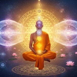 A serene Indian sage in meditation pose floating in cosmic space, wearing saffron robes with intricate Madhubani-style patterns. His body is semi-transparent, revealing seven glowing chakras within. Around him, concentric circles of Sanskrit symbols transform into pure light. The background features a large, photorealistic modern interpretation of the Sri Yantra made of flowing golden light. Multiple layers of reality depicted as translucent veils peeling away, each layer showing different aspects - gross matter, subtle energy, and pure consciousness. Sacred geometry patterns float in space, with lotus flowers emerging from geometric forms. Swirling energy patterns in pastel blues and soft purples create depth. Small floating orbs of consciousness represented as dewdrops reflecting entire universes. The lighting is ethereal with a soft golden glow emanating from the center, creating a gradient from warm gold to deep indigo at the edges. The art style combines hyperrealistic digital rendering with traditional Indian motifs, incorporating surreal elements while maintaining spiritual authenticity. 4K, highly detailed, cinematic lighting.