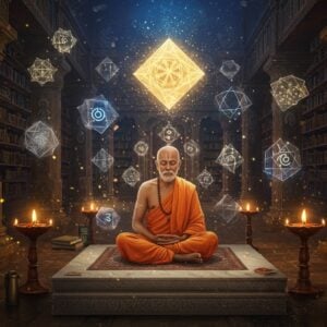 A serene Indian philosopher in traditional dhoti and angavastram, seated in padmasana on an ornate marble platform, deep in contemplation. His form is surrounded by multiple translucent, crystalline geometric shapes representing different aspects of knowledge. A large, ethereal chintamani gem floats above his head, emitting a soft golden glow that creates intricate Sanskrit-inspired patterns in the air. The background features a grand ancient Indian library with infinite rows of palm leaf manuscripts, their edges illuminated with a subtle blue light. Floating mandalas made of interconnected logical symbols and sacred geometry patterns spiral around the scene. The color palette combines deep sapphire blues, burnished golds, and warm terra cottas. Multiple floating oil lamps cast a warm, mystical light. The art style merges traditional Madhubani patterns in the borders with modern digital art techniques, creating a surreal yet scholarly atmosphere. Small glowing particles of wisdom float through the air like fireflies. The scene is framed by ornate pillars featuring carved representations of the four pramanas (means of knowledge) in traditional Indian iconography.