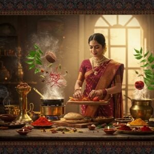 A richly detailed Indian kitchen scene with golden morning light streaming through ornate windows, illuminating a collection of traditional brass and copper cookware arranged artistically. In the center, an elegant Indian woman in a silk burgundy saree with gold border performs a cooking ritual, her hands gracefully working with aromatic spices on a carved wooden serving board. Around her, vibrant ingredients float ethereally - saffron strands emitting a golden glow, cardamom pods releasing spiraling aromatic wisps, and fresh curry leaves forming a mandala pattern. The scene incorporates Madhubani-style decorative elements along the borders, featuring intricate patterns of peacocks and lotus flowers in deep peacock blue and maroon. Modern marble countertops contrast with traditional earthen cookware. Swirling trails of steam form sacred geometry patterns, while floating spice powders create color gradients from turmeric yellow to deep red kumkum. The lighting is warm and mystical, with small floating diyas creating pools of golden light. The overall composition balances traditional Indian culinary elements with contemporary styling, rendered in a dreamy, semi-realistic digital art style with soft, glowing edges and rich, deep colors.