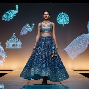 A stunning Indian female fashion model walking confidently on a translucent crystal runway, wearing a fusion ensemble combining a modern metallic silver crop top with an intricately embroidered traditional lehenga featuring geometric patterns and AI-generated motifs. The lehenga transitions from deep indigo to electric blue, adorned with golden thread work depicting ancient Sanskrit symbols and contemporary circuit-board patterns. Floating around her are holographic Madhubani art elements and futuristic 3D-projected peacock motifs. The background features a gradient wall with traditional temple architecture morphing into sleek, minimalist design elements. Soft golden lighting creates a ethereal glow, while floating diaphanous fabric pieces with both traditional bandhani prints and digital glitch effects add movement. The model wears both traditional kundan jewelry and subtle LED-embedded accessories. The scene is composed in a modern digital art style with high-contrast lighting, dramatic shadows, and a cinematic color palette of deep jewel tones mixed with metallic accents. The atmosphere suggests luxury, innovation, and cultural pride.