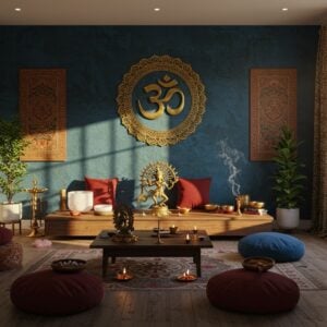 A serene living room with traditional Indian elements seamlessly blending with modern aesthetics, bathed in soft golden morning light streaming through large windows. A prominent brass Om symbol mounted on a textured deep blue accent wall, surrounded by intricate mandala patterns in metallic gold. A sleek meditation corner features plush floor cushions in rich maroon and peacock blue silk, arranged around a floating wooden platform. Brass diyas and contemporary crystal singing bowls placed strategically. Indoor plants including sacred Tulsi in modern geometric planters. Traditional Madhubani art panels in muted earth tones adorning walls. A central coffee table displays a contemporary brass Nataraja statue alongside minimalist tea light holders. Ethereal smoke wisps from copper incense holders create a mystical atmosphere. The scene includes subtle elements like rose quartz crystals, geometric rangoli patterns on the floor, and sheer curtains with block-printed lotus motifs. Style combines photorealistic rendering with magical realism, emphasizing warm lighting and peaceful ambiance.