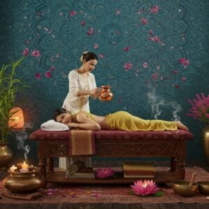 A serene Indian spa setting with a young Indian woman receiving a traditional ayurvedic treatment on an intricately carved wooden massage table, adorned with fresh lotus flowers and copper vessels. The therapist, wearing elegant ivory-colored attire with gold trim, performs a shirodhara treatment with golden oil flowing from an ornate copper vessel. The space features soft, diffused lighting with glowing crystal salt lamps, creating a warm amber atmosphere. In the background, a large mandala pattern wall in peacock blue and gold, with floating rose petals and aromatherapy smoke creating ethereal swirls. Natural elements include potted bamboo, river stones, and brass singing bowls. The color palette combines deep maroons, soft golds, and peaceful teals. The scene is rendered in a modern digital art style while incorporating traditional Madhubani patterns in subtle details. Soft bokeh effects and gentle lens flares enhance the luxurious atmosphere, with hyper-realistic textures on fabrics and water droplets.
