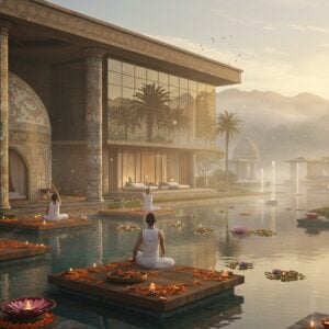A serene luxury resort nestled in misty Himalayan mountains, with modern glass façade reflecting golden sunrise. Traditional Indian architectural elements blend seamlessly with contemporary design - mandala-carved stone pillars supporting sleek minimalist structures. A large infinity pool mirrors the sky, decorated with floating lotus flowers and glowing diyas. In the foreground, two Indian guests in modern resort wear perform yoga on wooden deck platforms surrounded by marigold flowers. Ethereal morning light creates a dreamy atmosphere, with soft particles of light dancing in the air. Sacred geometry patterns subtly emerge in the mist. The resort's meditation dome features intricate Madhubani-style murals in soft pastels. Landscaped gardens showcase tropical plants and water features with gentle cascading fountains. The scene combines luxury hospitality elements with spiritual Indian motifs - crystal singing bowls, brass meditation bells, and aromatic incense wisps. Hyperrealistic digital art style with atmospheric lighting and careful attention to architectural details. The mood is peaceful, rejuvenating and exclusive.