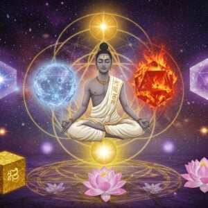 A serene Indian yogi in lotus position floating above a sacred geometric pattern representing the five elements - a golden earth cube below, a silver water sphere rippling with energy, a ruby red fire tetrahedron pulsing with flame, a translucent air octahedron swirling with wind currents, and an iridescent purple ether dodecahedron at the crown. The elements are interconnected by flowing lines of golden light forming a large mandala. The yogi is dressed in pristine white dhoti with Sanskrit symbols embroidered in gold, meditation mudra, eyes closed in deep contemplation. Behind him is a cosmic background with swirling galaxies in deep purples and blues. Soft glowing orbs of light float around the scene. Multiple translucent lotus flowers in pastel pink and white emerge from the base. The art style combines traditional Madhubani patterns in the mandala with modern digital painting techniques, focusing on ethereal lighting and rich jewel tones. Hyperrealistic details in the yogi's peaceful expression and flowing fabric, surreal cosmic elements.