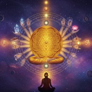 A serene cosmic scene depicting an intricate golden Sri Yantra floating in a deep indigo space, with translucent layers showing different planes of existence. Multiple ethereal hands emerge from the center, each holding different symbolic elements - a crystal representing matter, a flame for energy, a lotus for consciousness, and a mirror reflecting infinite realities. Swirling mandalas and sacred geometry patterns in metallic copper and silver float in concentric circles. Streams of luminescent Sanskrit characters dissolve into particles of light. The background features a gradient from deep cosmic purple to spiritual gold, with subtle Madhubani-style patterns. Floating orbs of different sizes represent the five elements, each containing its own miniature universe. A photorealistic Indian sage in meditation posture appears as a silhouette in the foreground, with his third eye emanating rays of enlightenment. The overall composition has a surreal, digital art quality with high contrast lighting, depth of field, and hyperrealistic textures, while maintaining traditional Indian artistic motifs.