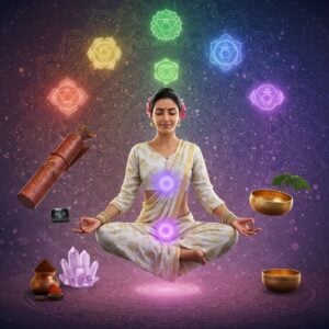 A serene Indian woman in lotus position floating in a mystical ethereal space, wearing flowing white and gold meditation clothes. Around her, six translucent chakra orbs glow in their respective colors, creating a harmonious spiral. The background features a large, intricate mandala pattern merging traditional Madhubani art with modern digital elements, rendered in deep gold and peacock blue. Multiple wellness symbols float gracefully: a copper yoga mat, Ayurvedic herbs, crystal healing stones, and a golden meditation bowl. Soft light particles and sacred geometry patterns fill the space. The woman's face radiates peace with a subtle smile, her hair adorned with jasmine flowers. Modern wellness tech devices like smart meditation sensors blend seamlessly with traditional elements. Art style combines hyperrealistic digital rendering with ethereal lighting and traditional Indian artistic motifs. The overall color palette includes soft pastels transitioning to deep, rich jewel tones, creating a perfect balance between modern and ancient healing wisdom.