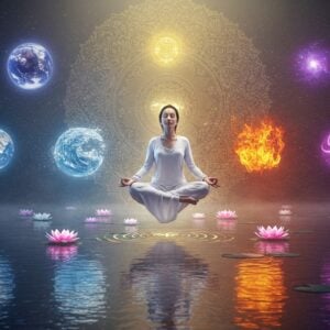 A serene Indian woman in a flowing white meditation pose, levitating above a reflective lotus pond, surrounded by five glowing orbs representing the Tattvas (earth, water, fire, air, space) - golden earth symbol below, blue water ripples around, red fire wisps to the right, white swirling air currents to the left, and a purple ethereal space element above. Her face radiates peace, eyes closed, with a subtle golden aura. The background features a large, intricate mandala pattern in soft gold and silver, with Pattachitra-style decorative borders. Floating lotus flowers in pastel pink and white drift on the water's surface, each emitting a soft glow. Sacred geometry patterns in Madhubani style weave through the scene in metallic threads. The lighting is ethereal and dreamy, with soft rays of light filtering through misty atmosphere. Modern digital art style with photorealistic details, deep rich colors, and surreal elements. The scene should evoke a sense of deep meditation and spiritual transformation.