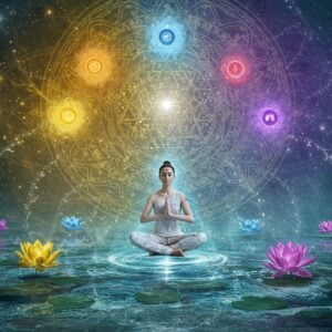 A serene Indian yogi in padmasana pose, floating above a crystal-clear lotus pond, surrounded by five glowing orbs representing the Pancha Tattvas (earth, water, fire, air, space). Each orb emanates its characteristic color - golden for earth, blue for water, red for fire, white for air, and violet for space. The yogi wears contemporary white yoga attire with traditional Indian design elements, adorned with subtle sacred geometry patterns. Behind them, a large, intricate Sri Yantra mandala glows with soft golden light. The scene is set in a mystical space with swirling energy streams connecting the tattvas, creating a cosmic dance. Multiple translucent lotus flowers of varying sizes float in the air, some partially dissolving into light particles. The lighting is ethereal with a mix of soft blues and golden hues. Multiple layers of sacred geometry patterns overlap in the background, creating depth. The art style combines hyperrealistic digital rendering with traditional Indian Madhubani patterns, emphasizing both modern aesthetic and ancient wisdom. The overall atmosphere suggests deep meditation and spiritual transformation.