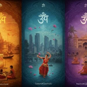 An intricate triptych-style composition showing three distinct Indian cities merging into each other, each section illuminated by a glowing Devanagari ॐ symbol. The left panel shows Varanasi's ghats at dawn with silk weavers creating traditional patterns, middle panel presents Mumbai's modern skyline with classical dancers performing Bharatanatyam in contemporary attire, and right panel depicts Mysore's palace architecture with yoga practitioners in meditation. The scenes are connected by flowing mandalas and sacred geometry patterns in gold and deep indigo. Traditional Madhubani-style decorative elements frame the entire composition. Soft ethereal light bathes each scene, with floating lotus petals and subtle spiritual symbols transitioning between panels. The color palette moves from dawn oranges to urban blues to mystical purples, unified by metallic gold accents. The art style combines hyperrealistic architectural details with stylized traditional Indian art elements, creating a dreamlike yet grounded atmosphere. People in each scene are depicted in rich cultural detail with modern elements, wearing contemporary interpretations of traditional Indian clothing.