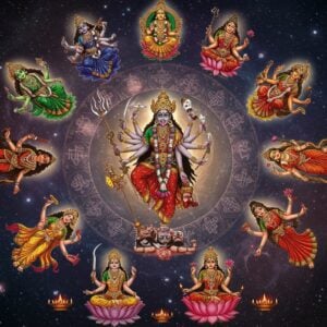 A mesmerizing circular arrangement of the Ten Mahavidyas in their iconic forms against a deep cosmic background with swirling galaxies and sacred geometry. In the center, Kali Ma with four arms holding sword, severed head, abhaya mudra, and vara mudra, wearing a garland of skulls and standing on Shiva. Around her, clockwise: Tara in emerald green with lotus crown, Tripura Sundari on lotus throne with four arms holding noose and goad, Bhuvaneshwari in royal golden attire manifesting universes, Chinnamasta with severed head and drinking own blood, Bhairavi in fierce red with crescent moon, Dhumavati as widow on wingless chariot, Bagalamukhi in yellow pulling demon's tongue, Matangi in emerald playing veena, and Kamala on lotus with four arms holding lotus flowers. Each goddess emanates their signature colored aura, merging into a brilliant mandala pattern. The scene is enhanced with floating lotus flowers, Devanagari yantra patterns, and ethereal light effects. Style combines traditional Thanjavur painting techniques with modern digital art, featuring rich metallics, deep jewel tones, and intricate details. The composition creates a spiral energy drawing viewers into the center.