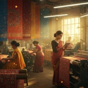 A vibrant Indian textile factory setting with golden morning light streaming through large windows, illuminating artisans at work. In the foreground, a confident young Indian female textile designer in modern business attire examines intricate fabric patterns on a digital tablet. Behind her, skilled workers in colorful traditional attire operate modern looms creating beautiful silk sarees with traditional Madhubani patterns. The scene includes hanging samples of richly colored fabrics in peacock blue, deep maroon, and saffron, creating a cascading rainbow effect. Traditional mandala patterns are subtly woven into the fabrics. The environment combines modern industrial elements with traditional Indian artistic motifs, featuring sleek machinery adorned with intricate Pattachitra-style decorative elements. Soft golden particles float in the air, catching the light. The atmosphere is professional yet artistic, with a warm color palette dominated by rich jewel tones and metallic accents. Hyperrealistic digital art style with attention to textile textures and lighting effects.