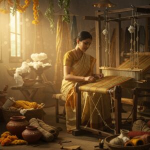 A serene Indian female artisan in a natural-dyed cotton sari working at a traditional wooden handloom, weaving intricate patterns with organic cotton threads in earthy tones of indigo, ochre, and sage green. The background features a harmonious blend of traditional and modern elements - hanging dried marigold flowers, neem leaves, and turmeric-dyed fabrics creating a color gradient. Soft, ethereal light streams through large windows, illuminating floating cotton fibers. In the foreground, elegant arrangements of sustainable materials - bamboo spindles, khadi fabric swatches, and recycled textile art pieces. The scene is framed by delicate Madhubani-style border patterns featuring peacocks and flowers in gold and deep blue. The lighting is warm and natural, emphasizing texture and craftsmanship. The environment suggests a modern eco-conscious studio with traditional elements - clay pots with natural dyes, recycled brass tools, and solar-powered equipment. Photorealistic digital art style with magical realism touches, 8k resolution, cinematic lighting, soft bokeh effect.