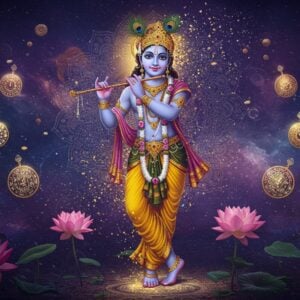 A radiant, ethereal scene depicting Lord Krishna in His iconic tribhanga pose, wearing a golden-yellow dhoti and peacock feather crown, playing His divine flute. His form appears both manifesting and dissolving simultaneously - the right side of His form is fully visible with intricate details, ornate jewelry, and vibrant colors, while the left side gracefully dissolves into swirling cosmic energies and golden light particles. Behind Him, a large ornate mandala in deep indigo and gold creates a celestial backdrop. The scene is framed by blooming lotus flowers in various stages - from fully bloomed to just emerging, symbolizing appearance and disappearance. Floating timepieces and celestial calendars rendered in traditional Madhubani style orbit around the central figure. The lighting is dramatic with divine rays emanating from Krishna's form, creating a mystical atmosphere. The art style seamlessly blends traditional Indian Pattachitra techniques with modern digital art aesthetics, featuring rich jewel tones of sapphire blue, deep purple, and luminous gold. Soft glowing orbs and subtle sacred geometry patterns fill the background space.