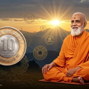 A majestic portrait composition featuring Swami Chinmayananda in his signature orange robes seated in padmasana against a softly illuminated backdrop of the Himalayas at dawn. The Swami's face radiates wisdom and serenity with his characteristic gentle smile and flowing white beard. A large, intricately detailed 10 rupee coin hovers in the foreground, rendered in polished silver and copper tones, catching golden light. Behind the coin, delicate mandalas in Madhubani style float ethereally, interconnected by streams of sacred geometry patterns in metallic gold. The scene is framed by traditional Indian coin designs and motifs in a modern minimalist style. Subtle rays of light emanate from the coin, creating a divine aura. The composition includes small details of the Chinmaya Mission logo and symbolic elements like lotus flowers and vedantic texts in the background. The overall color palette combines rich saffron, metallic copper, deep navy, and soft golden hues, creating a harmonious blend of traditional and contemporary aesthetics.