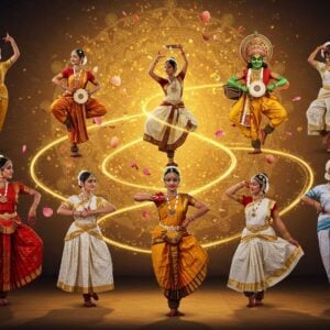 A dynamic scene showcasing eight Indian classical dancers in perfect symmetrical formation, each performing their signature poses - a Bharatanatyam dancer in red and gold silk costume in Alapadma mudra, a Kathak dancer in white and gold anarkali mid-pirouette with ghungroos, an Odissi dancer in traditional cream and maroon tribhanga pose, a Kuchipudi dancer performing tarangam on brass plate, a Mohiniattam dancer in white and gold costume depicting waves, a Manipuri dancer in traditional white and pink potloi showing Radha-Krishna raas, a Kathakali dancer in vibrant green face paint and elaborate headgear, and a Sattriya dancer in white and blue performing Krishna's dance. The backdrop features a massive golden mandala emanating ethereal light, with floating lotus petals and intricate Madhubani-style patterns. The scene is enhanced with swirling ribbons of golden light connecting each dancer, symbolizing the flow of classical traditions. The lighting creates dramatic shadows and highlights, emphasizing the dancers' expressions and mudras. The color palette includes deep maroons, peacock blues, rich golds, and saffron, with elements of modern digital art blending seamlessly with traditional Indian art motifs. The overall composition creates a spiral effect, drawing the eye from one dance form to another.