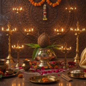A serene indoor temple setting with soft, ethereal lighting where a beautiful Indian woman in a cream silk saree performs puja. The altar features an intricately carved wooden backdrop with traditional Madhubani patterns, illuminated by multiple brass diyas casting golden reflections. A centrally placed ornate silver kalash adorned with mango leaves and coconut, flanked by gleaming brass bells. Fresh flower garlands of marigold and jasmine drape elegantly, with rose petals scattered on a decorative rangoli. Crystal clear water droplets falling from a copper spoon into a ritualistic vessel, creating ripples that reflect warm candlelight. Brass incense holders emit wispy smoke trails that form mystical patterns in the air. The scene includes carefully arranged puja items: sandalwood paste in silver containers, kumkum in brass bowls, and perfectly folded red silk cloth. Modern LED diya strings blend seamlessly with traditional brass lamps, creating layers of warm illumination. Art style combines traditional Indian Madhubani with contemporary digital art, emphasizing rich colors like deep maroon, saffron, and gold, with a dreamy, ethereal quality. Hyper-detailed textures on brass items, silk fabrics, and fresh flowers. cinematic composition, atmospheric lighting, photorealistic rendering, 8k quality.