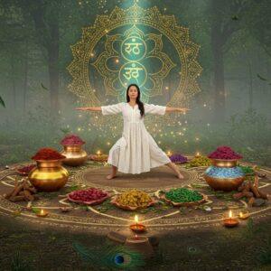 A serene Indian woman in flowing white cotton dress performing yoga on a circular wooden platform, surrounded by an ethereal garden of Ayurvedic herbs (tulsi, ashwagandha, brahmi) arranged in a mandala pattern. The herbs emit a subtle golden glow. Three floating copper vessels contain different elements - one with warm oil, one with healing herbs, and one with medicated water, creating a triangular balance. The background features a large, intricate Chakra diagram rendered in contemporary minimalist style using gold and turquoise. Soft morning light filters through mist, creating halos around medicinal plants. The woman's aura radiates in seven subtle chakra colors. Sacred geometry patterns float in the air, while a peacock feather gently falls in the foreground. Small floating diyas with golden flames create a path around the platform. The art style combines traditional Madhubani patterns in the borders with modern digital art techniques, emphasizing depth and luminosity. The overall color palette includes earthy browns, forest greens, copper metallics, and soft pastel highlights.
