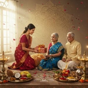 A serene Indian living room scene showcasing a traditional gift-giving ceremony, featuring a young woman in an elegant silk saree (deep maroon with gold border) presenting a beautifully wrapped gift in gold and red paper with marigold flowers to an elderly couple. The elderly woman wears a traditional silk saree (peacock blue) and the man wears a crisp white kurta. The room is decorated with brass diyas, intricate rangoli patterns, and floating lotus flowers. Soft golden light streams through ornate windows, creating a warm atmosphere. In the background, a large ornamental mandala pattern in gold and saffron glows ethereally. Traditional gifts like coconuts, fruits, and sweets arranged on silver thalis adorned with kumkum and rice grains. The scene incorporates Madhubani-style border elements with peacocks and lotus motifs. The overall color palette features rich maroons, royal blues, and warm golds, with hints of saffron. The art style combines photorealistic rendering with traditional Indian art elements, creating a modern yet culturally authentic atmosphere. Soft bokeh effects in the background with floating flower petals.