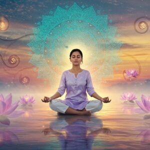 A serene, young Indian woman in lotus position, floating above a crystalline lake surface reflecting a vibrant sunrise. She wears a contemporary silk kurta in soft pastels (lavender and pearl white). Her eyes are gently closed, face peaceful, with a subtle golden aura surrounding her form. A large, intricate mandala in shades of turquoise and gold rotates slowly behind her. Multiple translucent lotus flowers in various stages of bloom float around her, some emitting soft light. The scene features layers of sacred geometry patterns in the background, with Om symbols subtly woven into the design. Swirls of spiritual energy in colors of saffron and purple dance around her. The atmosphere is misty with rays of golden light breaking through. The art style combines hyperrealistic digital painting with traditional Madhubani patterns in the details. The overall mood is ethereal and transcendent, with a modern aesthetic that maintains traditional spiritual elements.