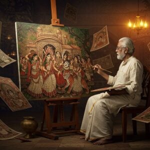 A dignified Bengali artist in traditional dhoti and kurta sits at a wooden easel, his silver hair and wise eyes reflecting decades of artistic mastery. He's painting a mesmerizing scene that flows from his canvas into reality - depicting rural Bengal life in his signature style. The scene shows graceful Bengali women in red-bordered white sarees carrying water pots, merging with ethereal Durga idols, tigers, and elaborate temple architecture. The artwork features rich earth tones (deep reds, burnt oranges, warm browns) with intricate black line work characteristic of Ramananda's style. Surrounding the artist are floating, translucent sheets of his famous works, creating a dreamlike gallery. The lighting is warm and golden, casting dramatic shadows. The background transitions from a traditional Bengali courtyard to abstract patterns inspired by Kalighat pat paintings. Soft focus water color effects blend with sharp pen-and-ink details. The overall composition follows the curves and flow of traditional Bengali art while incorporating modern digital lighting and atmospheric effects. Style: hyper-detailed digital art with traditional Bengali pat painting influences, 8k resolution, cinematic lighting.