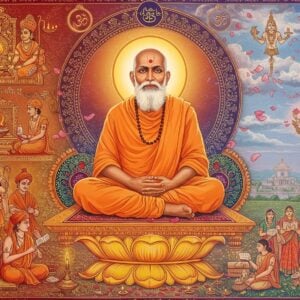 A majestic portrait of Swami Dayananda Saraswati in traditional saffron robes, seated in padmasana on an ornate golden lotus platform, radiating divine wisdom. His face bears a serene expression, with flowing white beard and penetrating eyes. Behind him rises a large, modernistic interpretation of the Vedic fire altar in gleaming copper and gold, with sacred flames creating a halo effect. The scene is split into two halves - the left side shows traditional vedic imagery with sanskrit texts and yagna ceremonies in Madhubani art style, while the right side transforms into a modern minimal design with young Indians of all genders in contemporary clothes studying and performing social reform activities. Floating mandalas and geometric patterns in deep maroon and peacock blue connect both halves. Ethereal light streams through the composition, while subtle Om symbols and vedic motifs are woven throughout in gold filigree. The art style combines hyperrealistic digital rendering with traditional Pattachitra patterns, creating a seamless blend of ancient wisdom and contemporary relevance. Soft pastel clouds frame the upper portion while lotus petals float through the scene.