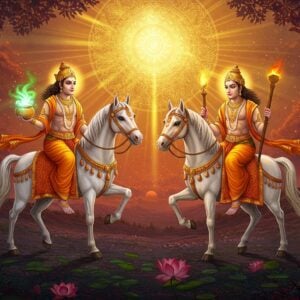 Two radiant divine twins, the Ashvins, riding majestic white horses through a cosmic dawn sky filled with healing golden light. Both brothers appear as handsome young men with celestial features and athletic builds, wearing flowing saffron-colored silk robes and golden armor. Their horses are adorned with intricate traditional Indian decorations and jewels. One twin holds an Ayurvedic medicine bowl emanating healing green energy, while the other carries a glowing torch symbolizing dawn. The scene features swirling patterns of traditional Madhubani art style with modern digital effects, including lotus flowers, healing herbs, and celestial motifs in deep maroons and peacock blues. In the background, a large mandala sun rises, casting dramatic rays across the mystical landscape. The brothers are surrounded by an aura of divine light with sparkling particles and healing symbols floating around them. The overall composition should be dynamic and ethereal, with a perfect blend of traditional Indian art elements and contemporary digital aesthetics, emphasizing their roles as divine physicians and harbingers of dawn.