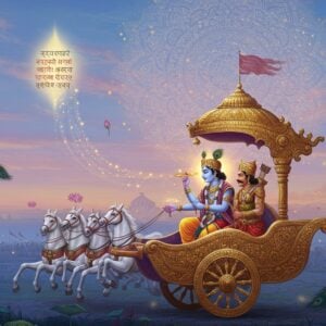A serene evening scene showing Lord Krishna and Arjuna in an ethereal chariot, Krishna with four hands holding conch, discus, lotus and gesturing in teaching mudra, radiating divine blue aura. Arjuna in royal warrior attire with bow Gandiva, listening intently. The chariot is adorned with intricate Madhubani-style patterns in gold. Behind them, a massive geometric mandala in soft pastels (pink, lavender, gold) floating in the sky, with Sanskrit verses transforming into streams of light. The background features a modern interpretation of Kurukshetra battlefield with minimal abstract shapes in peaceful blues and purples. Floating lotus flowers and peacock feathers frame the scene. The lighting is mystical with soft golden rays emerging from Krishna's aura. The art style combines traditional Indian miniature painting techniques with contemporary digital art aesthetics, emphasizing spiritual symbolism through modern design elements. The overall composition suggests transformation of ancient wisdom into modern understanding.