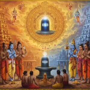 A mystical scene depicting two distinct groups of ancient Tamil saints - Nayanars in ash-smeared bodies with Rudraksha malas, and Alvars in traditional Vaishnava attire with Urdhva Pundra tilak marks, standing in devotional poses on opposite sides of a massive, ornate golden mandala. The Nayanars face a ethereally glowing Shiva lingam emanating blue light, while the Alvars face a divine vision of Lord Vishnu in peacock blue. The background features intricate Dravidian temple architecture with towering gopurams decorated in Madhubani-style patterns. Floating sacred symbols - the Vel spear, damaru, conch shell, and chakra - rendered in glowing gold. The scene is bathed in warm spiritual light with swirling Tamil musical notes and lotus petals. Soft pastel clouds frame the upper portion while the lower portion shows devotees of all castes unified in worship. Art style combines traditional South Indian temple art with modern digital fantasy aesthetics, emphasizing deep maroons, saffron, and peacock blues with metallic gold accents. The overall composition portrays the inclusive, revolutionary spirit of the Bhakti movement.